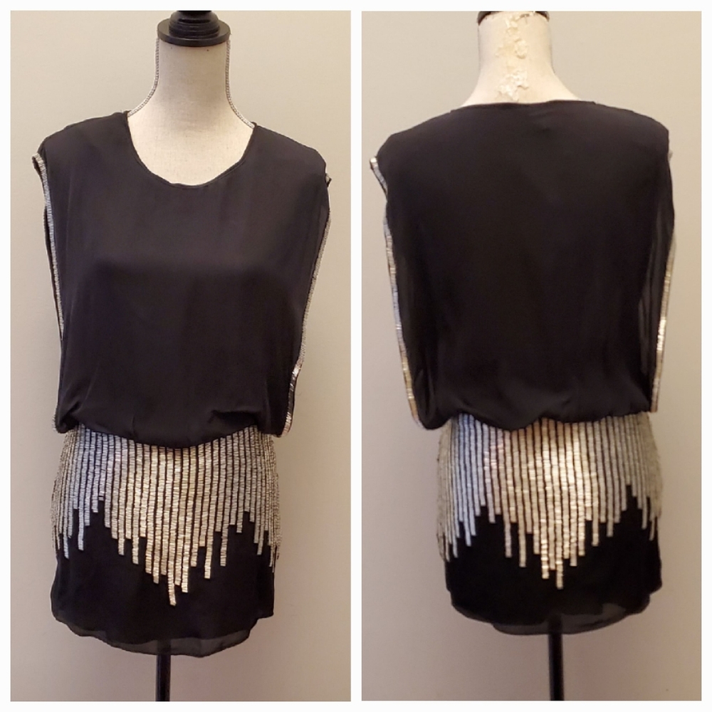 NWT Parker Silk Beaded Blouson Mini Dress - LBD Black Silver Xtra Beads Handmade